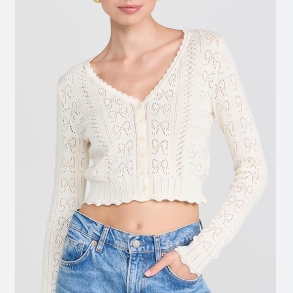 BEST NWT LoveShackFancy Petra Bow Pointelle Cropped Cardigan Ivory White Knit - Picture 9 of 10